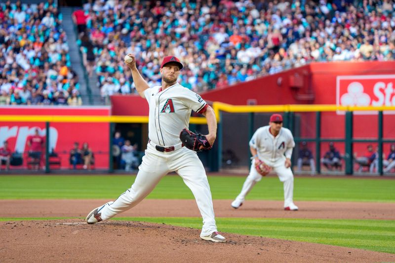 Apr 26, 2025; Phoenix, Arizona, USA;  Arizona Diamondbacks pitcher Merrill Kelly (29) on the mound in the second inning against the Atlanta Braves at Chase Field. Mandatory Credit: Allan Henry-Imagn Images