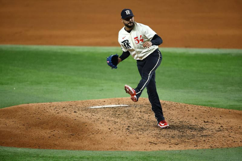 Sep 2, 2023; Arlington, Texas, USA; Texas Rangers starting pitcher Martin Perez (54) pitches in the sixth inning against the Minnesota Twins at Globe Life Field. Mandatory Credit: Tim Heitman-USA TODAY Sports