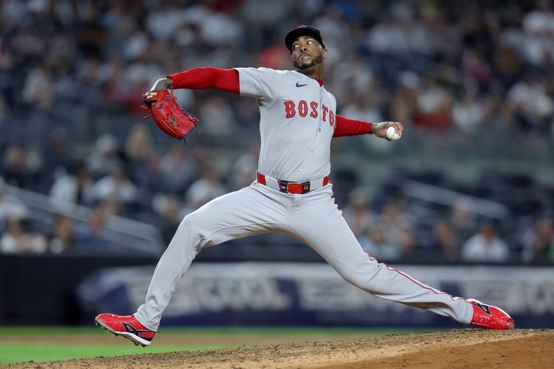 Jun 7, 2025; Bronx, New York, USA; Boston Red Sox relief pitcher Aroldis Chapman (44) pitches against the New York Yankees during the ninth inning at Yankee Stadium. Mandatory Credit: Brad Penner-Imagn Images