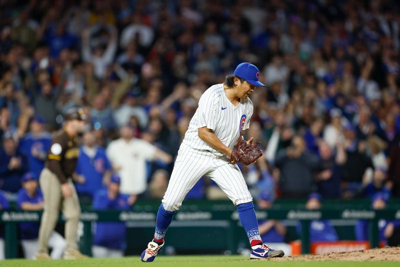 May 7, 2024; Chicago, Illinois, USA; Chicago Cubs starting pitcher Shota Imanaga (18) reacts after striking out San Diego Padres second baseman Xander Bogaerts during the sixth inning at Wrigley Field. Mandatory Credit: Kamil Krzaczynski-USA TODAY Sports