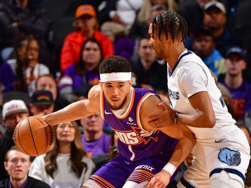 PHOENIX, AZ - JANUARY 7: Devin Booker #1 of the Phoenix Suns dribbles the ball during the game against the Memphis Grizzlies on January 7, 2024 at Footprint Center in Phoenix, Arizona. NOTE TO USER: User expressly acknowledges and agrees that, by downloading and or using this photograph, user is consenting to the terms and conditions of the Getty Images License Agreement. Mandatory Copyright Notice: Copyright 2024 NBAE (Photo by Barry Gossage/NBAE via Getty Images)