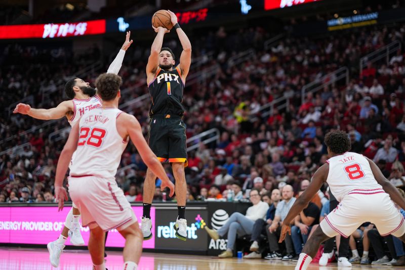 HOUSTON, TEXAS - DECEMBER 27: Devin Booker #1 of the Phoenix Suns shoots a three point shot during the second half of the game against the Houston Rockets at Toyota Center on December 27, 2023 in Houston, Texas. User expressly acknowledges and agrees that, by downloading and or using this photograph, User is consenting to the terms and conditions of the Getty Images License Agreement. (Photo by Alex Bierens de Haan/Getty Images)