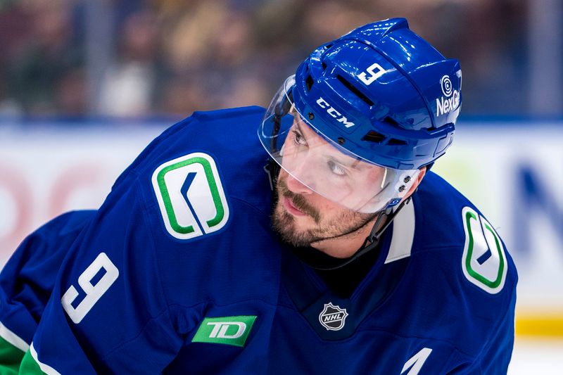 Oct 11, 2024; Vancouver, British Columbia, CAN; Vancouver Canucks forward J.T. Miller (9) during a stop in play against the Philadelphia Flyers during the third period at Rogers Arena. Mandatory Credit: Bob Frid-Imagn Images