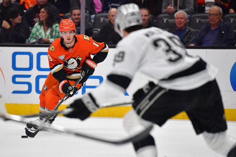 Nov 28, 2025; Anaheim, California, USA; Anaheim Ducks right wing Troy Terry (19) controls the puck against Los Angeles Kings left wing Jeff Malott (39) during the second period at Honda Center. Mandatory Credit: Gary A. Vasquez-Imagn Images