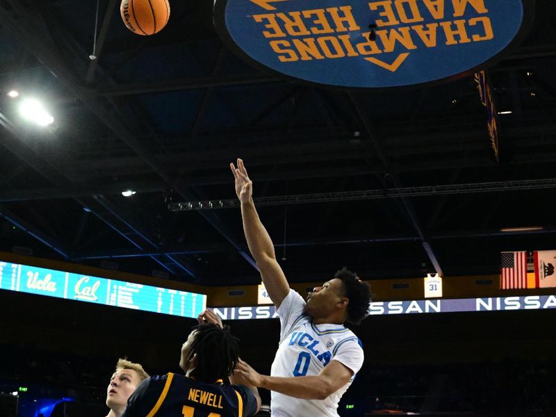 Feb 18, 2023; Los Angeles, California, USA;  UCLA Bruins guard Jaylen Clark (0) shoots over California Golden Bears forward Grant Newell (14) in a college basketball game at Pauley Pavilion presented by Wescom. Mandatory Credit: Richard Mackson-USA TODAY Sports