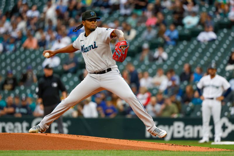 Jun 13, 2023; Seattle, Washington, USA; Miami Marlins starting pitcher Edward Cabrera (27) throws against the Seattle Mariners during the first inning at T-Mobile Park. Mandatory Credit: Joe Nicholson-USA TODAY Sports