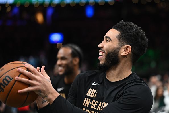 BOSTON, MASSACHUSETTS - NOVEMBER 28: Jayson Tatum #0 of the Boston Celtics takes a shot during warmups before an NBA In-Season Tournament game against the Chicago Bulls at the TD Garden on November 28, 2023 in Boston, Massachusetts. NOTE TO USER: User expressly acknowledges and agrees that, by downloading and or using this photograph, User is consenting to the terms and conditions of the Getty Images License Agreement. (Photo by Brian Fluharty/Getty Images)