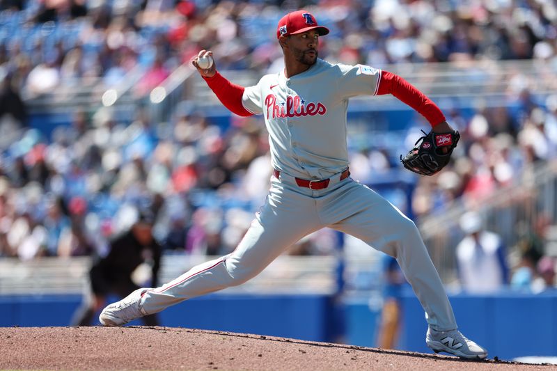 Mar 21, 2025; Dunedin, Florida, USA; Philadelphia Phillies pitcher Joe Ross (41) throws a pitch against the Toronto Blue Jays in the first inning during spring training at TD Ballpark. Mandatory Credit: Nathan Ray Seebeck-Imagn Images