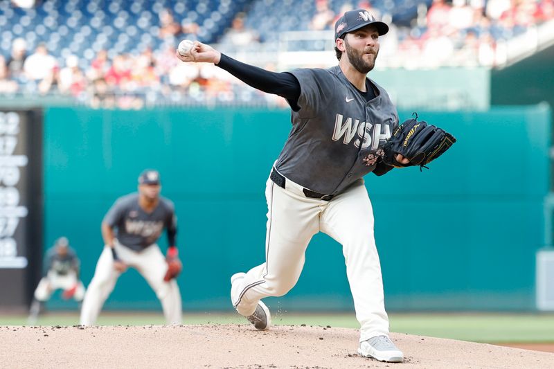 May 7, 2024; Washington, District of Columbia, USA; Washington Nationals starting pitcher Trevor Williams (32) pitches against the Baltimore Orioles during the first inning at Nationals Park. Mandatory Credit: Geoff Burke-USA TODAY Sports