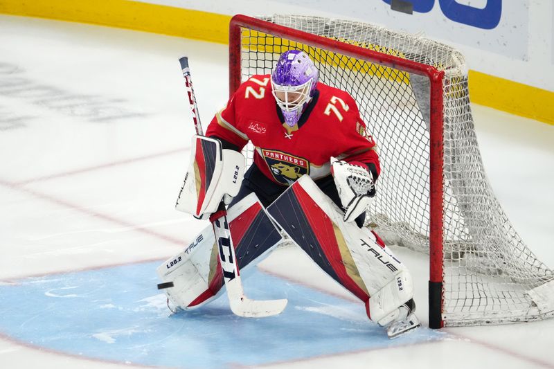 Nov 10, 2023; Sunrise, Florida, USA; Florida Panthers goaltender Sergei Bobrovsky (72) warms up prior to the game against the Carolina Hurricanes at Amerant Bank Arena. Mandatory Credit: Jasen Vinlove-USA TODAY Sports