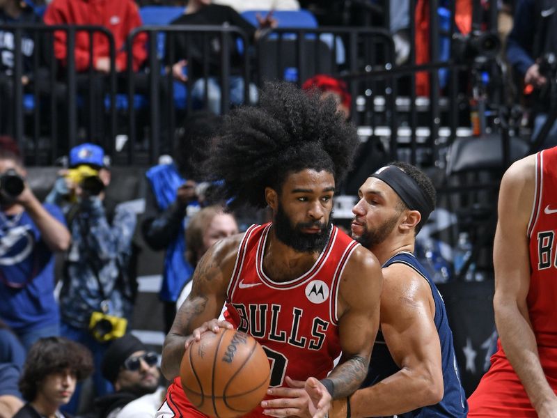 ORLANDO, FL - FEBRUARY 10: Coby White #0 of the Chicago Bulls dribbles the ball during the game against the Orlando Magic on February 10, 2024 at the Kia Center in Orlando, Florida. NOTE TO USER: User expressly acknowledges and agrees that, by downloading and or using this photograph, User is consenting to the terms and conditions of the Getty Images License Agreement. Mandatory Copyright Notice: Copyright 2024 NBAE (Photo by Fernando Medina/NBAE via Getty Images)