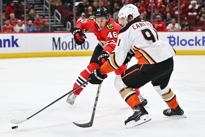 Dec 7, 2023; Chicago, Illinois, USA; Chicago Blackhawks defenseman Louis Crevier (46) defends against Anaheim Ducks forward Leo Carlsson (91) in the second period at United Center. Mandatory Credit: Jamie Sabau-USA TODAY Sports