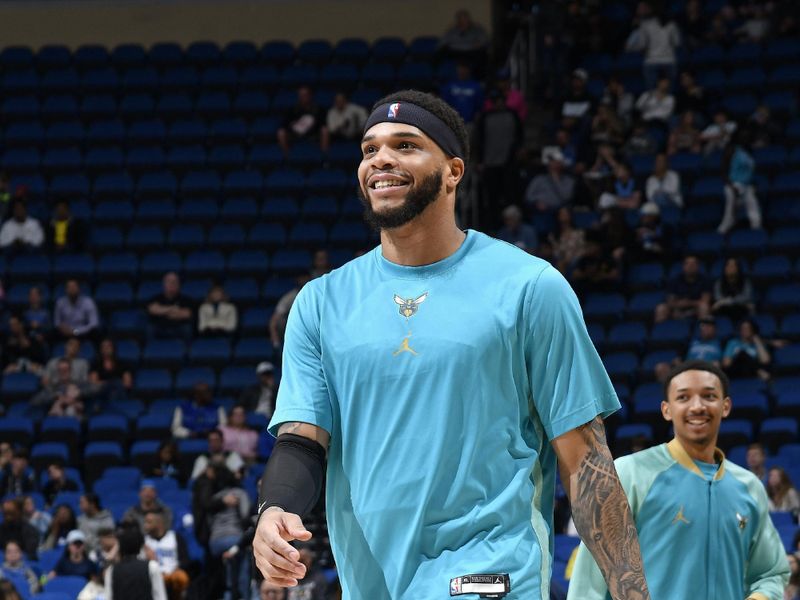 ORLANDO, FL - MARCH 19: Miles Bridges #0 of the Charlotte Hornets smiles before the game against the Orlando Magic on March 19, 2024 at the Kia Center in Orlando, Florida. NOTE TO USER: User expressly acknowledges and agrees that, by downloading and or using this photograph, User is consenting to the terms and conditions of the Getty Images License Agreement. Mandatory Copyright Notice: Copyright 2024 NBAE (Photo by Fernando Medina/NBAE via Getty Images)