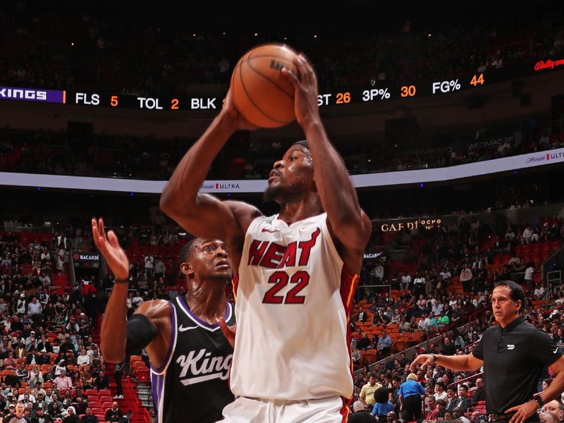 MIAMI, FL - JANUARY 31: Jimmy Butler #22 of the Miami Heat handles the ball during the game against the Sacramento Kings on January 31, 2024 at Kaseya Center in Miami, Florida. NOTE TO USER: User expressly acknowledges and agrees that, by downloading and or using this Photograph, user is consenting to the terms and conditions of the Getty Images License Agreement. Mandatory Copyright Notice: Copyright 2024 NBAE (Photo by Issac Baldizon/NBAE via Getty Images)