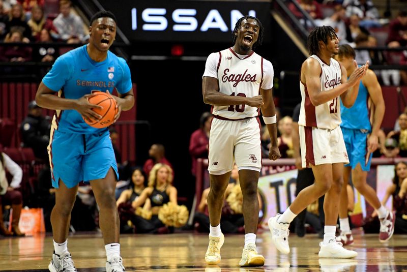 Feb 18, 2023; Tallahassee, Florida, USA; Boston College Eagles guard Prince Aligbe (10) celebrates during the first half of the game against the Florida State Seminoles at Donald L. Tucker Center. Mandatory Credit: Melina Myers-USA TODAY Sports