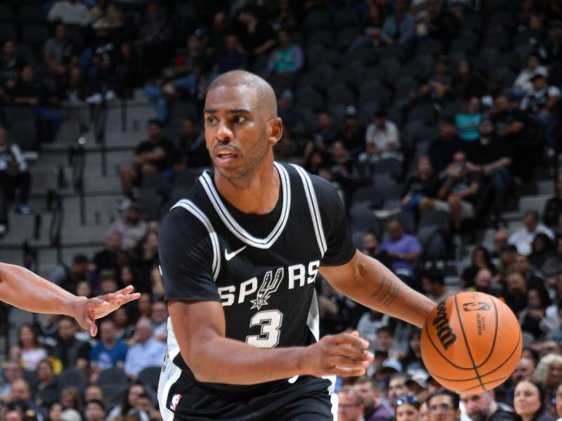 SAN ANTONIO, TX - NOVEMBER 13: Chris Paul #3 of the San Antonio Spurs looks on during the game against the Washington Wizards on November 13, 2024 at the Frost Bank Center in San Antonio, Texas. NOTE TO USER: User expressly acknowledges and agrees that, by downloading and or using this photograph, user is consenting to the terms and conditions of the Getty Images License Agreement. Mandatory Copyright Notice: Copyright 2024 NBAE (Photos by Michael Gonzales/NBAE via Getty Images)