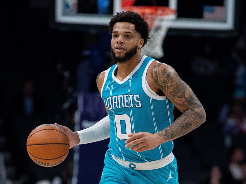 CHARLOTTE, NORTH CAROLINA - FEBRUARY 03: Miles Bridges #0 of the Charlotte Hornets plays against the Washington Wizards during their game at Spectrum Center on February 03, 2025 in Charlotte, North Carolina. NOTE TO USER: User expressly acknowledges and agrees that, by downloading and or using this photograph, User is consenting to the terms and conditions of the Getty Images License Agreement. (Photo by Jacob Kupferman/Getty Images)