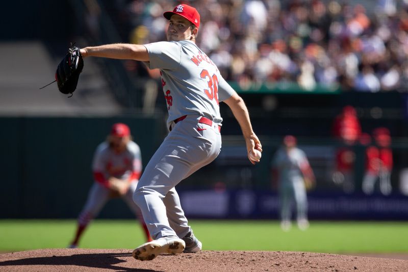 Sep 29, 2024; San Francisco, California, USA; St. Louis Cardinals starting pitcher Michael McGreevy (36) throws against the San Francisco Giants during the first inning at Oracle Park. Mandatory Credit: D. Ross Cameron-Imagn Images