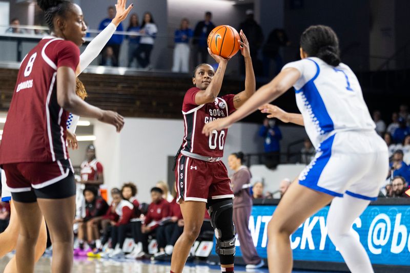 Mar 1, 2026; Lexington, Kentucky, USA; South Carolina Gamecocks guard Ta'Niya Latson (00) shoots a three-point shot during the second quarter at Memorial Coliseum. Mandatory Credit: Arden Barnes-Imagn Images