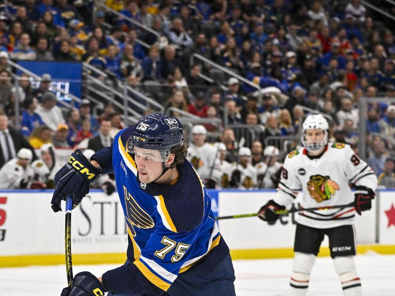 Apr 10, 2024; St. Louis, Missouri, USA;  St. Louis Blues defenseman Tyler Tucker (75) shoots against the Chicago Blackhawks during the second period at Enterprise Center. Mandatory Credit: Jeff Curry-USA TODAY Sports