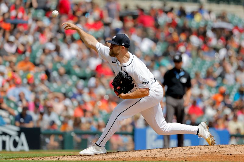 Jul 30, 2024; Detroit, Michigan, USA;  Detroit Tigers relief pitcher Will Vest (19) throws against the Cleveland Guardians in the seventh inning at Comerica Park. Mandatory Credit: Rick Osentoski-USA TODAY Sports