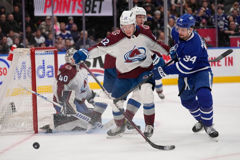 Jan 13, 2024; Toronto, Ontario, CAN; Toronto Maple Leafs forward Auston Matthews (34) and Colorado Avalanche forward Fredrik Olofsson (22) battle for a loose puck during the third period at Scotiabank Arena. Mandatory Credit: John E. Sokolowski-USA TODAY Sports