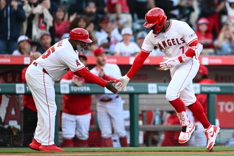 May 11, 2024; Anaheim, California, USA; Los Angeles Angels outfielder Jo Adell (7) celebrates after hitting a home run against the Kansas City Royals during the second inning at Angel Stadium. Mandatory Credit: Jonathan Hui-USA TODAY Sports