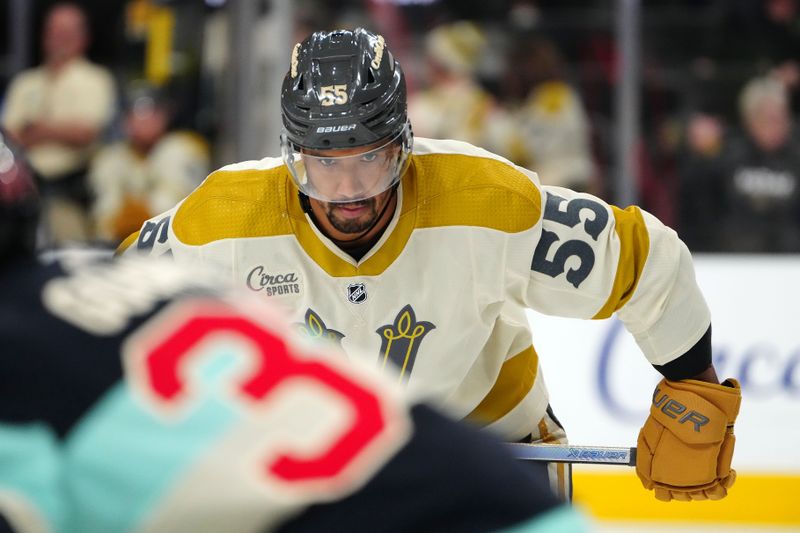 Mar 21, 2024; Las Vegas, Nevada, USA; Vegas Golden Knights right wing Keegan Kolesar (55) readies for a face off against the Seattle Kraken during the second period at T-Mobile Arena. Mandatory Credit: Stephen R. Sylvanie-USA TODAY Sports