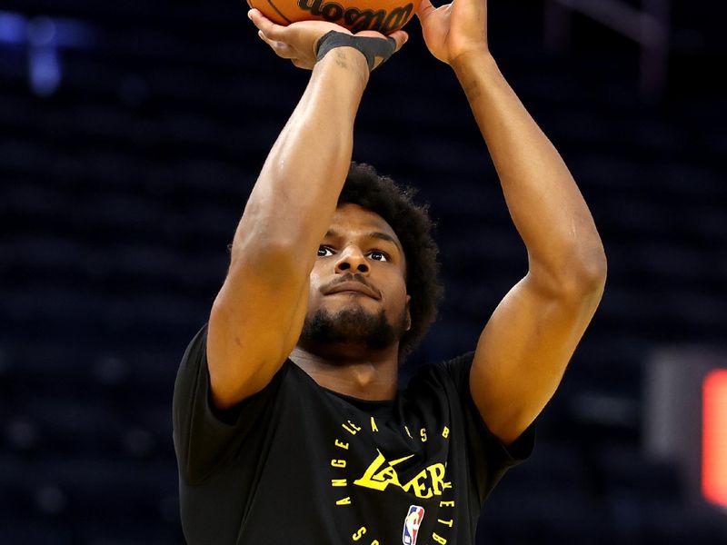 SAN FRANCISCO, CALIFORNIA - OCTOBER 18: Bronny James #9 of the Los Angeles Lakers warms up before their preseason game against the Golden State Warriors at Chase Center on October 18, 2024 in San Francisco, California.  NOTE TO USER: User expressly acknowledges and agrees that, by downloading and/or using this photograph, user is consenting to the terms and conditions of the Getty Images License Agreement.  (Photo by Ezra Shaw/Getty Images)