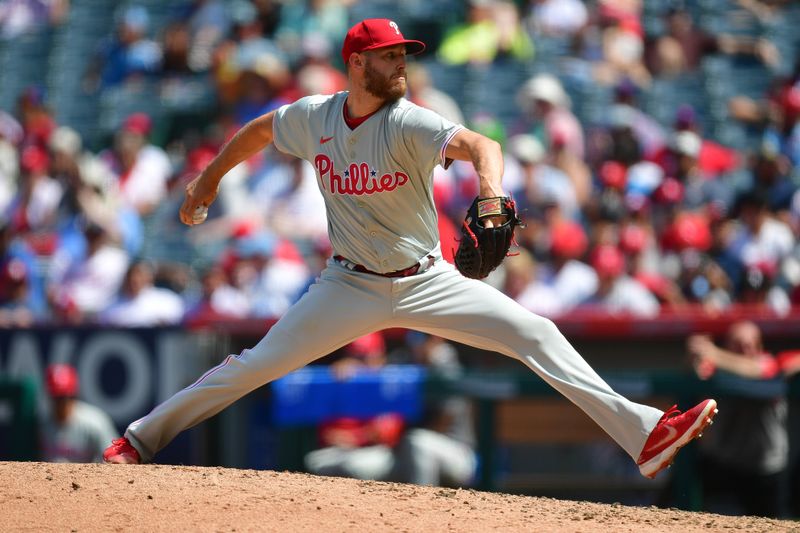 May 1, 2024; Anaheim, California, USA; Philadelphia Phillies pitcher Zack Wheeler (45) throws against the Los Angeles Angels during the fourth inning at Angel Stadium. Mandatory Credit: Gary A. Vasquez-USA TODAY Sports