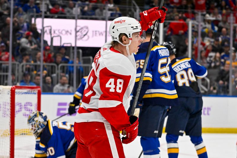 Dec 12, 2023; St. Louis, Missouri, USA;  Detroit Red Wings right wing Jonatan Berggren (48) reacts after scoring against the St. Louis Blues during the first period at Enterprise Center. Mandatory Credit: Jeff Curry-USA TODAY Sports