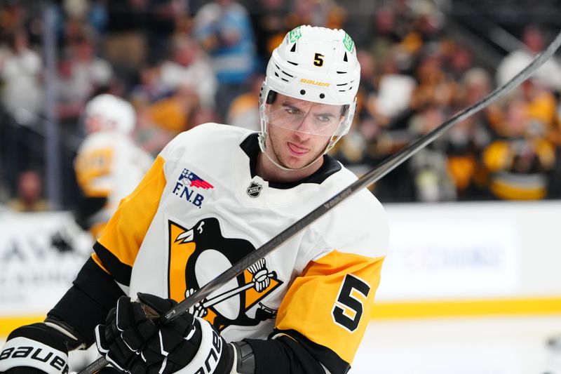 Mar 12, 2026; Las Vegas, Nevada, USA; Pittsburgh Penguins defenseman Ryan Shea (5) warms up before a game against the Vegas Golden Knights at T-Mobile Arena. Mandatory Credit: Stephen R. Sylvanie-Imagn Images