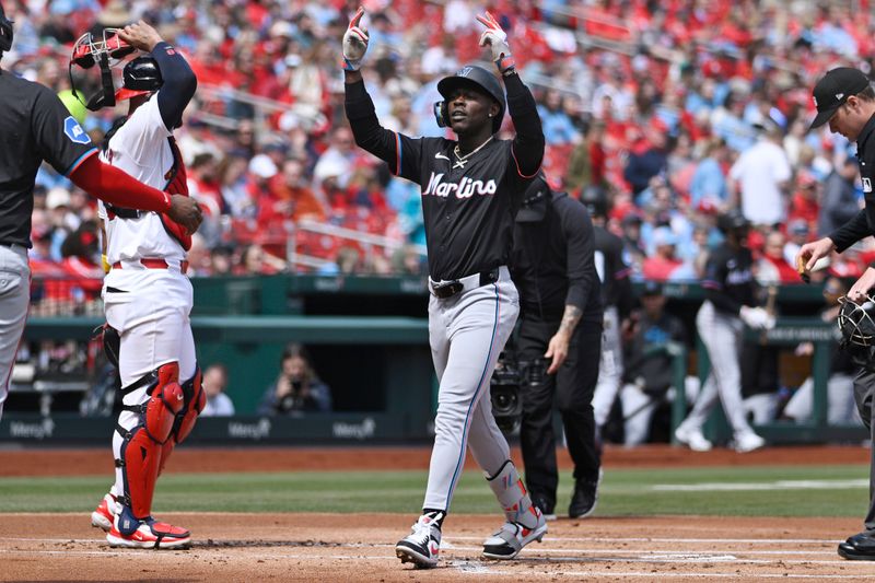 Apr 7, 2024; St. Louis, Missouri, USA; Miami Marlins outfielder Jazz Chisholm Jr. (2) reacts after hitting a three run home run against the St. Louis Cardinals during the first inning at Busch Stadium. Mandatory Credit: Jeff Le-USA TODAY Sports