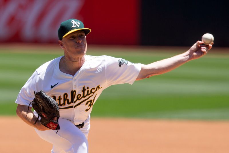 Jun 6, 2024; Oakland, California, USA; Oakland Athletics starting pitcher JP Sears (38) delivers a pitch against the Seattle Mariners during the first inning at Oakland-Alameda County Coliseum. Mandatory Credit: D. Ross Cameron-USA TODAY Sports