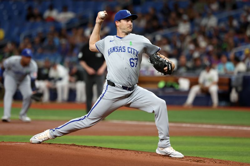 May 24, 2024; St. Petersburg, Florida, USA; Kansas City Royals pitcher Seth Lugo (67) throws a pitch against the Tampa Bay Rays during the first inning at Tropicana Field. Mandatory Credit: Kim Klement Neitzel-USA TODAY Sports