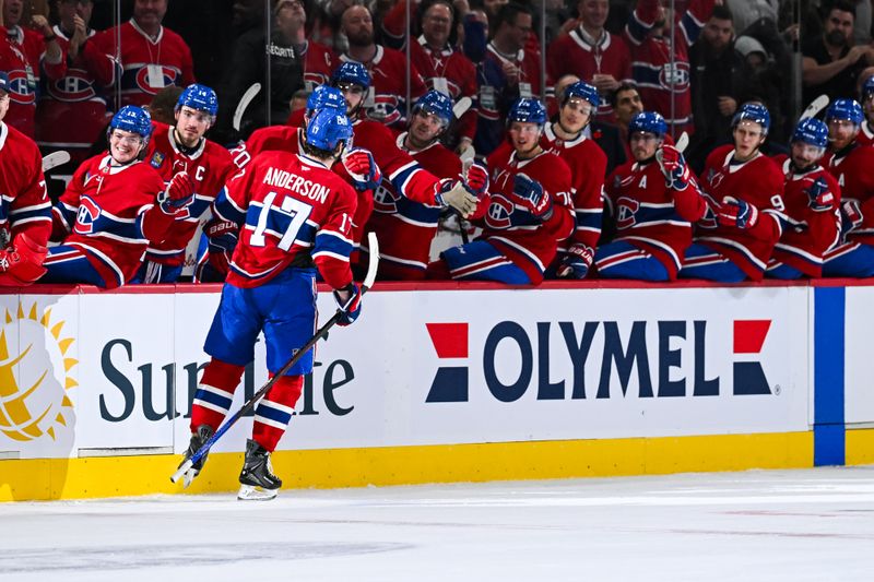 Nov 11, 2025; Montreal, Quebec, CAN; Montreal Canadiens right wing Josh Anderson (17) celebrates with his teammates at the bench his goal against the Los Angeles Kings during the first period at Bell Centre. Mandatory Credit: David Kirouac-Imagn Images
