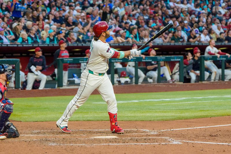 Apr 26, 2025; Phoenix, Arizona, USA;  Arizona Diamondbacks infielder Geraldo Perdomo (2) reacts after hitting his third home run of the game in the seventh inning against the Atlanta Braves at Chase Field. Mandatory Credit: Allan Henry-Imagn Images
