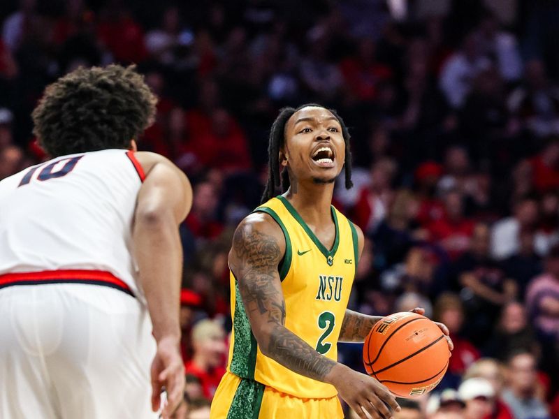 Nov 29, 2025; Tucson, Arizona, USA; Norfolk State Spartans guard Elijah Jamison (2) yells to teammates during the first half against the Arizona Wildcats at McKale Memorial Center. Mandatory Credit: Aryanna Frank-Imagn Images