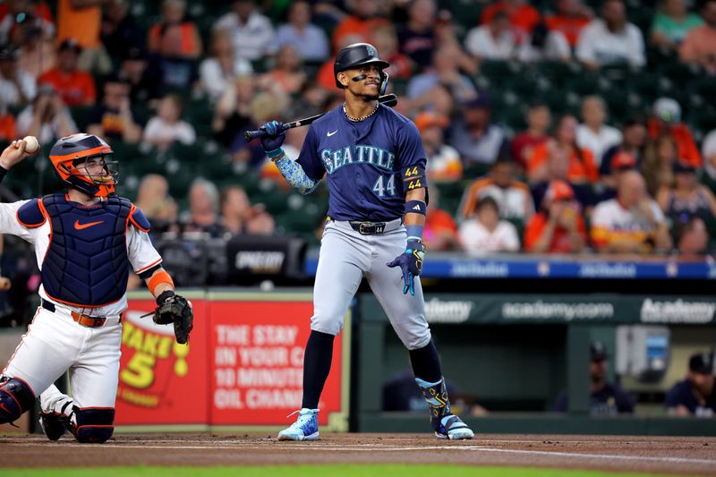 Sep 25, 2024; Houston, Texas, USA; Seattle Mariners center fielder Julio Rodriguez (44) stands in the batter's box against the Houston Astros during the first inning at Minute Maid Park. Mandatory Credit: Erik Williams-Imagn Images