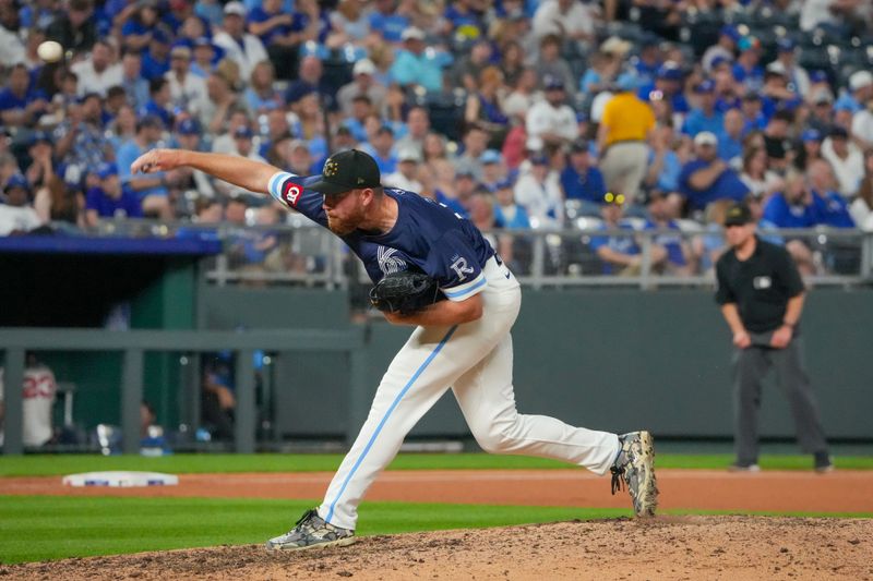 May 17, 2024; Kansas City, Missouri, USA; Kansas City Royals relief pitcher Chris Stratton (35) delivers a pitch against the Oakland Athletics in the ninth inning at Kauffman Stadium. Mandatory Credit: Denny Medley-USA TODAY Sports