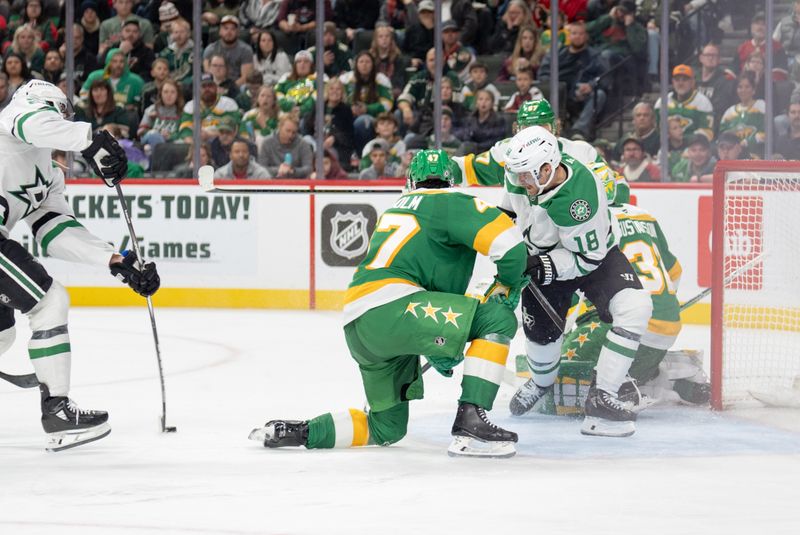 Nov 16, 2024; Saint Paul, Minnesota, USA; Dallas Stars left wing Mason Marchment (27) shoots and scores against the Minnesota Wild in the third period at Xcel Energy Center. Mandatory Credit: Matt Blewett-Imagn Images