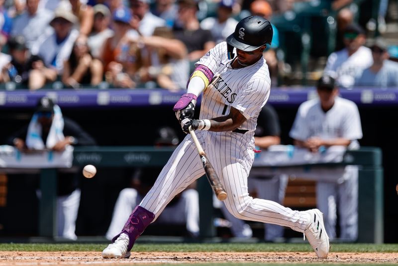 Jun 20, 2024; Denver, Colorado, USA; Colorado Rockies second baseman Adael Amador (1) hits a single in the fifth inning against the Los Angeles Dodgers at Coors Field. Mandatory Credit: Isaiah J. Downing-USA TODAY Sports