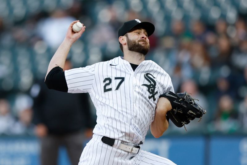 Apr 28, 2023; Chicago, Illinois, USA; Chicago White Sox starting pitcher Lucas Giolito (27) delivers against the Tampa Bay Rays during the first inning at Guaranteed Rate Field. Mandatory Credit: Kamil Krzaczynski-USA TODAY Sports