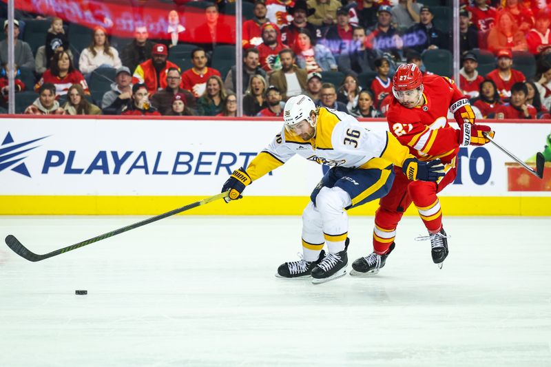 Nov 15, 2024; Calgary, Alberta, CAN; Nashville Predators left wing Cole Smith (36) and Calgary Flames right wing Matt Coronato (27) battles for the puck during the first period at Scotiabank Saddledome. Mandatory Credit: Sergei Belski-Imagn Images