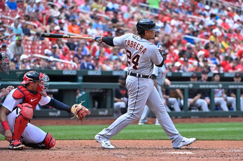 May 7, 2023; St. Louis, Missouri, USA;  Detroit Tigers designated hitter Miguel Cabrera (24) hits a one run single against the St. Louis Cardinals during the sixth inning at Busch Stadium. Mandatory Credit: Jeff Curry-USA TODAY Sports