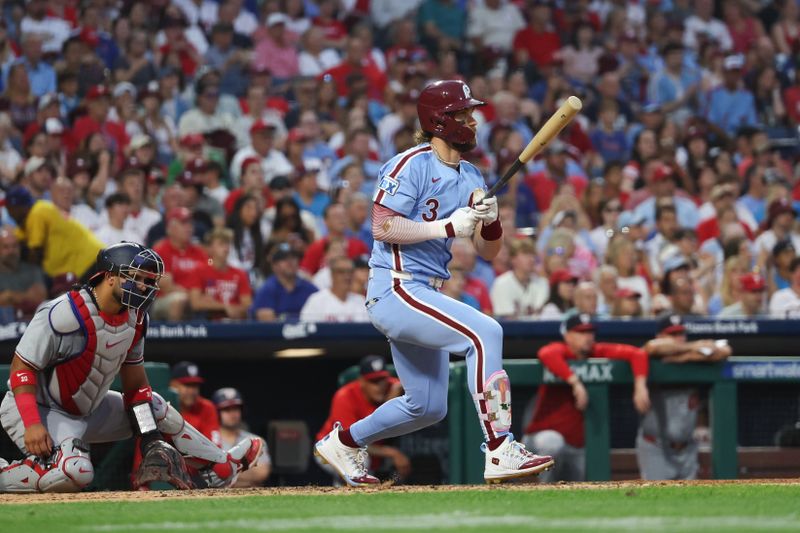 Aug 15, 2024; Philadelphia, Pennsylvania, USA; Philadelphia Phillies first base Bryce Harper (3) hits an RBI single during the fourth inning against the Washington Nationals at Citizens Bank Park. Mandatory Credit: Bill Streicher-USA TODAY Sports