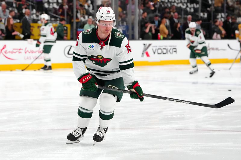 Apr 12, 2024; Las Vegas, Nevada, USA; Minnesota Wild center Mason Shaw (15) warms up before the start of a game against the Vegas Golden Knights at T-Mobile Arena. Mandatory Credit: Stephen R. Sylvanie-USA TODAY Sports