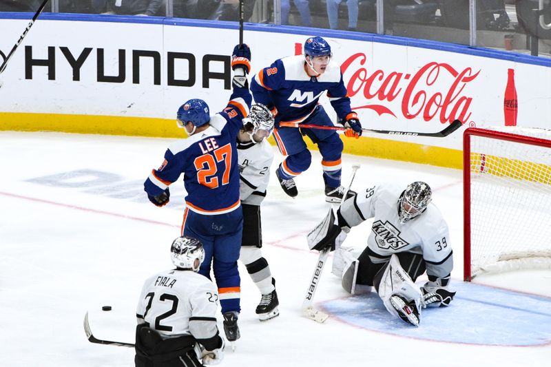 Dec 9, 2023; Elmont, New York, USA; New York Islanders left wing Anders Lee (27) reacts after scoring a goal against the Los Angeles Kings during the third period at UBS Arena. Mandatory Credit: John Jones-USA TODAY Sports