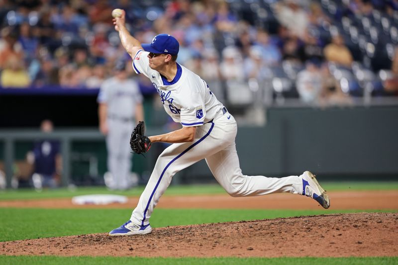 Jun 24, 2024; Kansas City, Missouri, USA; Kansas City Royals pitcher James McArthur (66) throws during the ninth inning against the Miami Marlins at Kauffman Stadium. Mandatory Credit: William Purnell-USA TODAY Sports