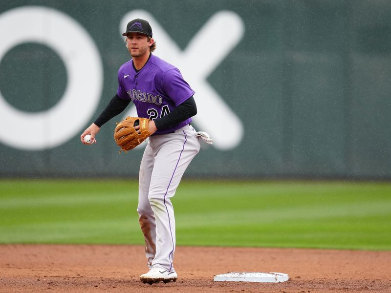 Mar 19, 2023; Summerlin, Nevada, USA; Colorado Rockies third baseman Ryan McMahon (24) eyes a Kansas City Royals base runner during the third inning at Las Vegas Ballpark. Mandatory Credit: Stephen R. Sylvanie-USA TODAY Sports